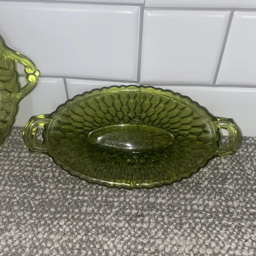 Indians Glass Pickle Relish Dishes NIB Olive Color VTG Holiday Serving Dishes‎